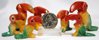 Image of mexican onyx toucan family figures, 7pc dyed red, yellow and green