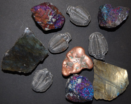 Image of assorted mineral magnets, trilobite, copper, labradorite magnets