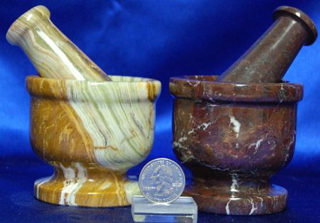 Pakistani mortar and pestle 3  inch green banded and desert red shown