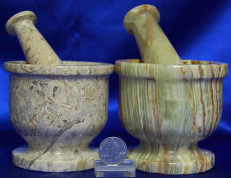 Pakistani mortar and pestle 3  inch green banded and desert red shown